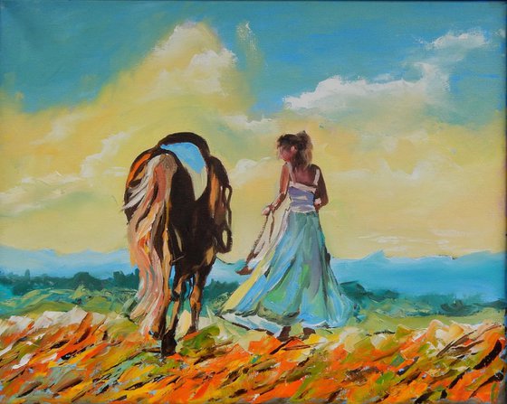 Walking with a horse. 50x40cm.