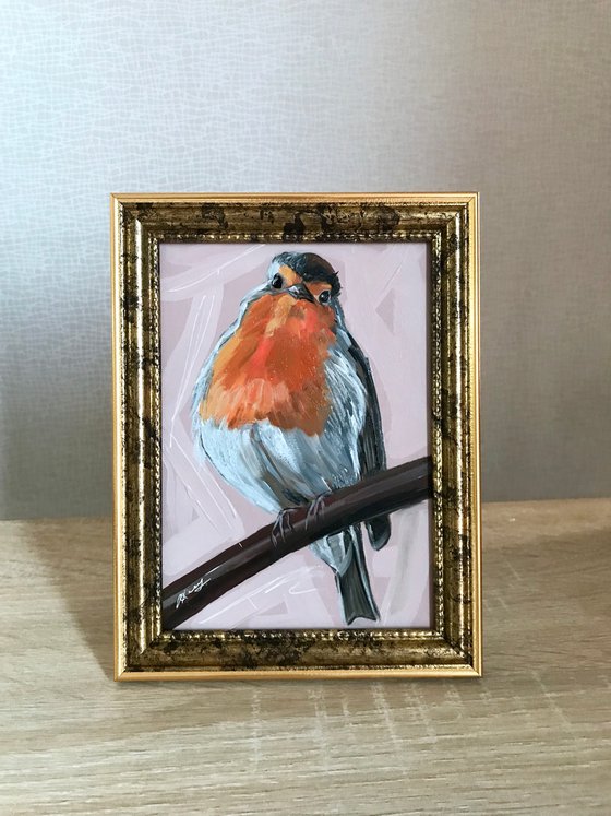 Robin bird Oil Painting framed 16x21cm