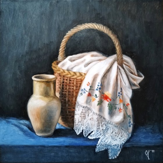 Still life "Basket with a towel and a pitcher"