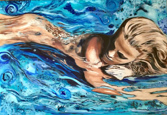 Song to the siren .Resting nude  in a blue water . Reflections on the water .