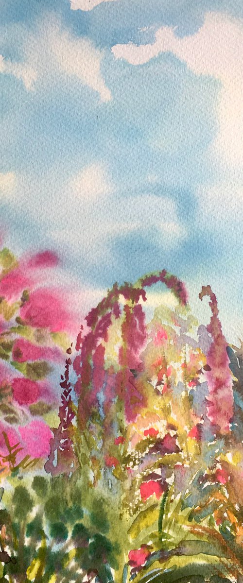 Blue sky, foxgloves, pink roses, grasses by Samantha Adams