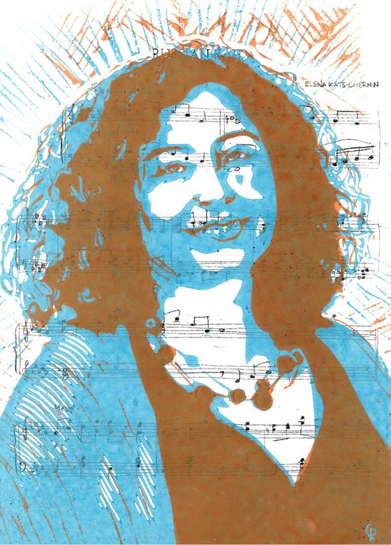 Composers - Kats-Chernin - Portrait on notes in blue and orange