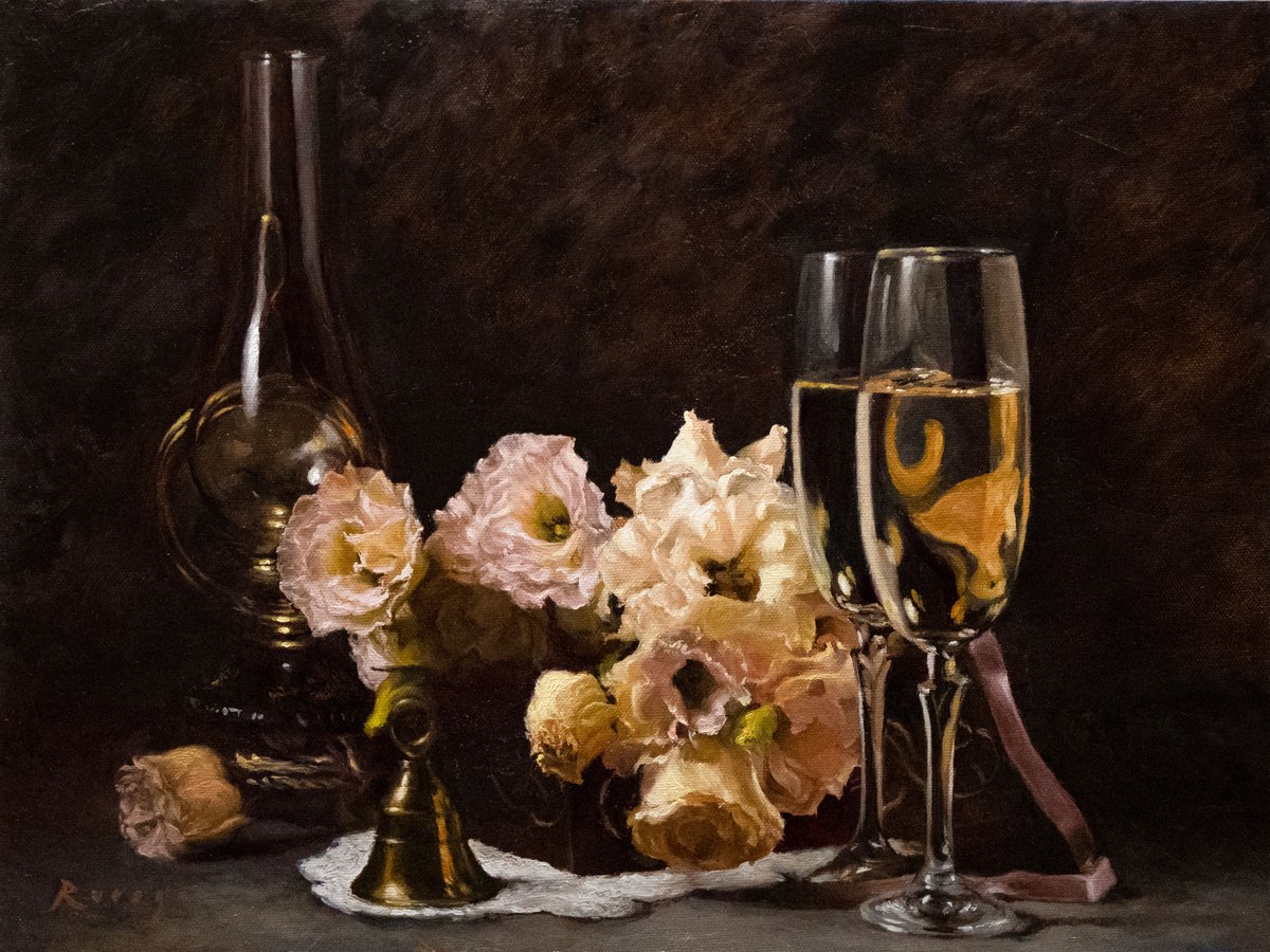 Still life with flowers and wine glasses by Edgar Ruesga