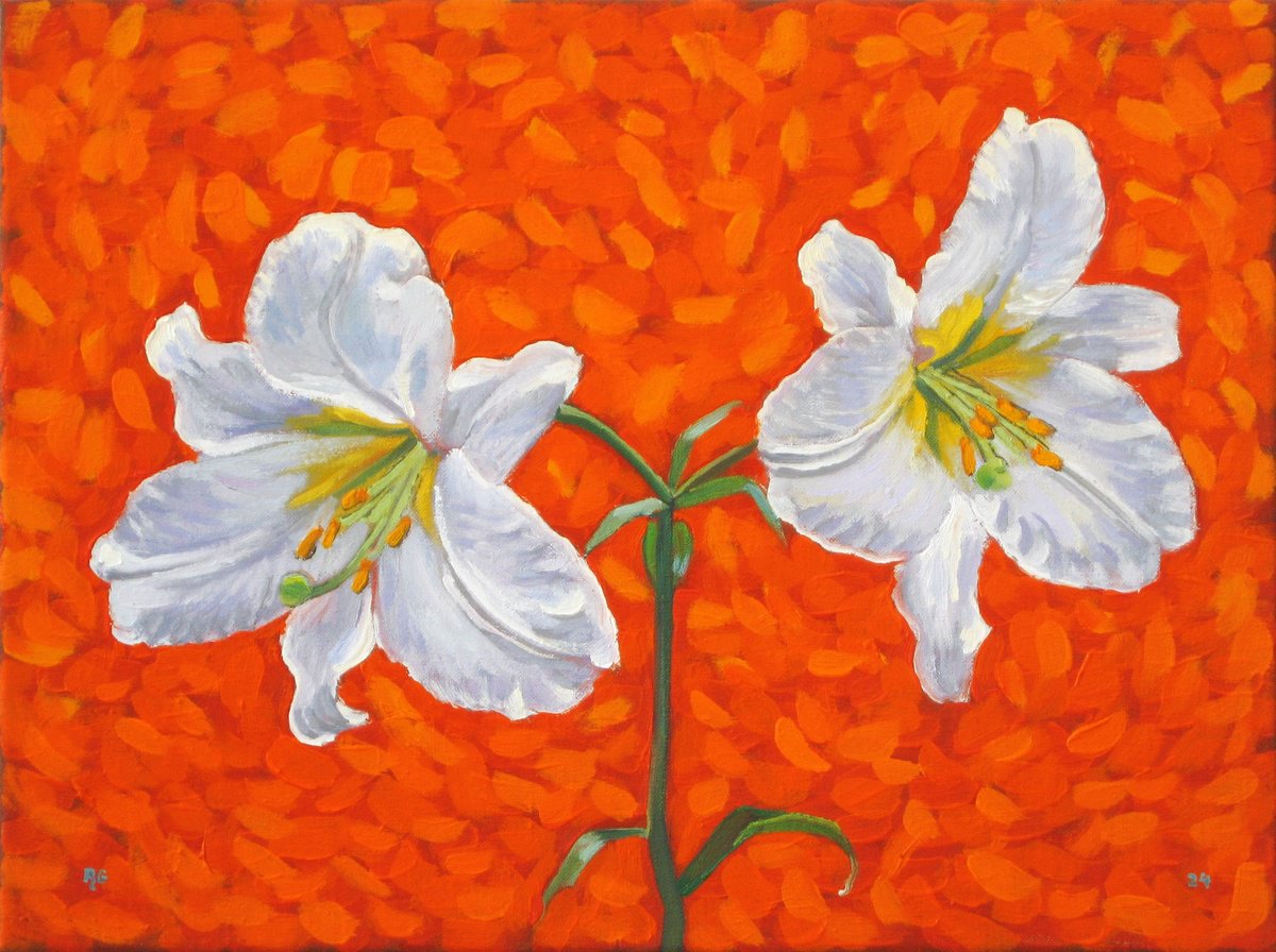 Botanical Oil Painting By Richard Gibson, 16 X 12", Two Lily Flowers, Original Artwork
