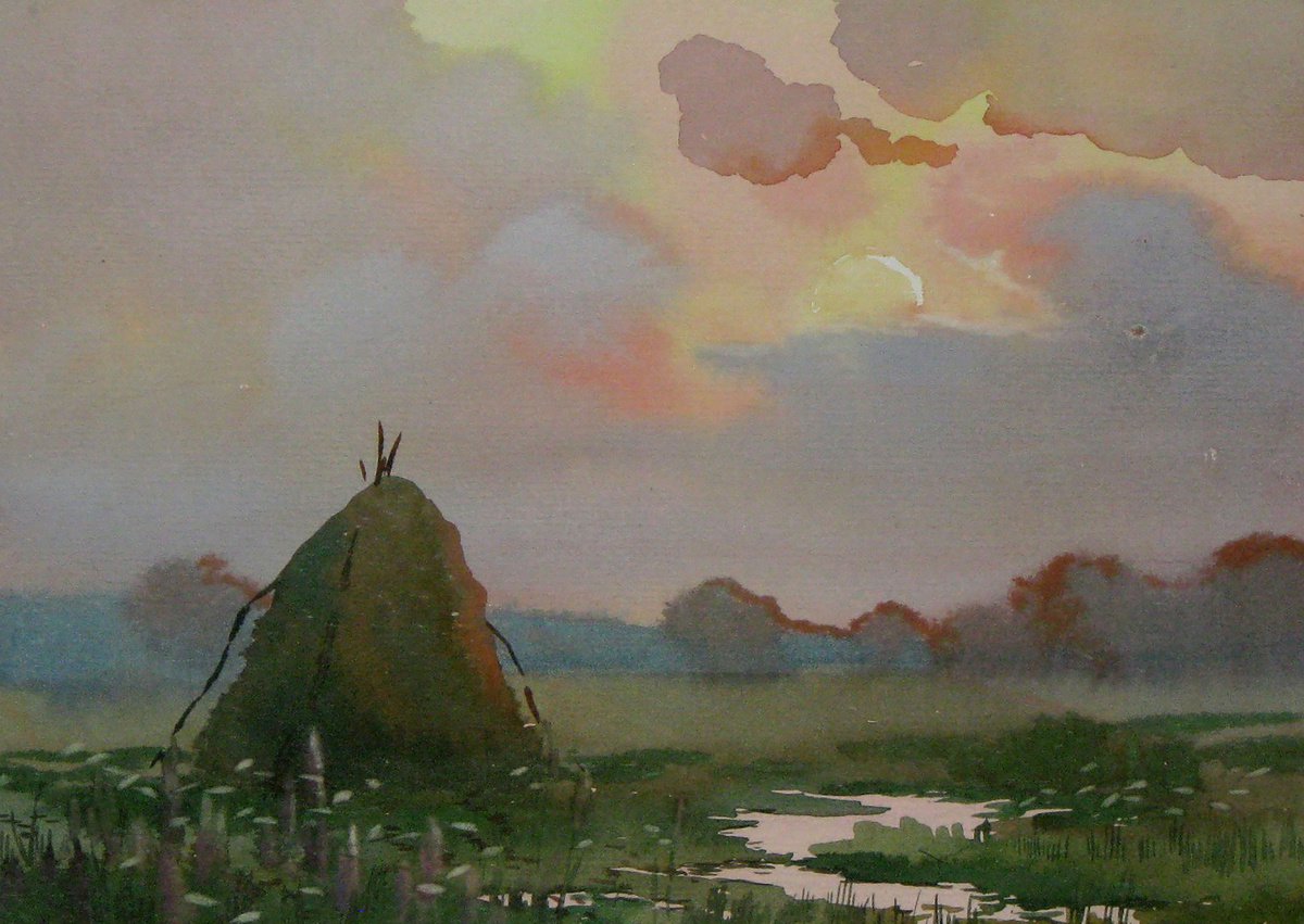 Impressionistic Landscape Watercolour By Valeriy Savenets-1, 10 X 7", The Sun Goes Down, Original Artwork