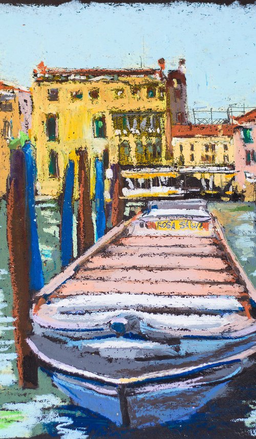 Venice. View of the Canal and boats. Cities of my dreams series. Small oil pastel drawing bright colors italy by Sasha Romm