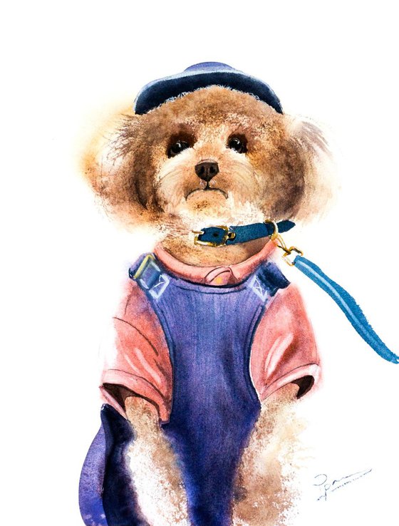 Original Dog in Clothes watercolor Painting