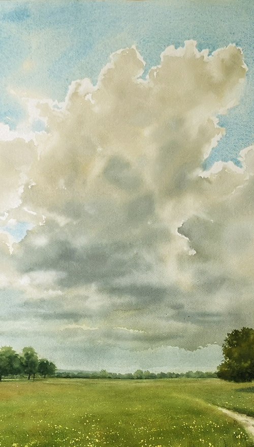 Summer Clouds Over Meadow by Olga Beliaeva Watercolour