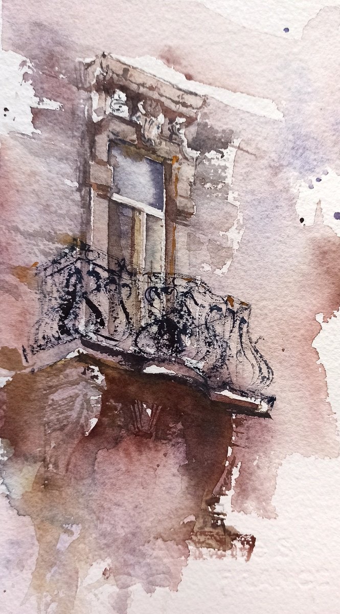 A balcony in Lviv - watercolor sketch on a trip by Olena Koliesnik