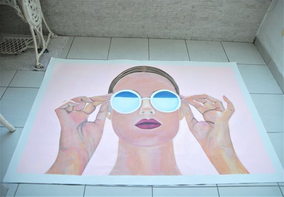 Extra large  painting, Girl with sunglasses / 140 x 90 x 5 cm