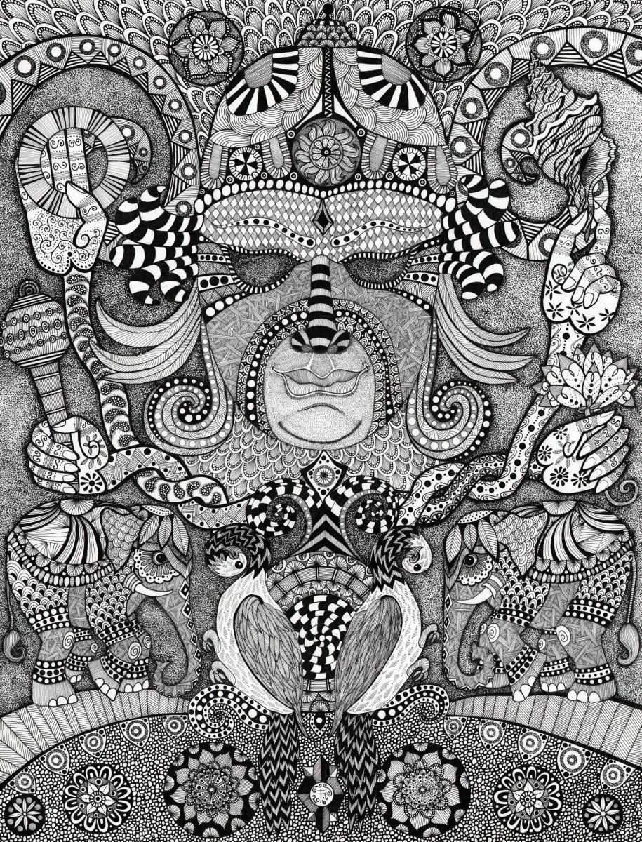 Illustrative Abstract Ink Drawing By Terri Smith, 24 X 30", Ancient Faces: India, Original Artwork