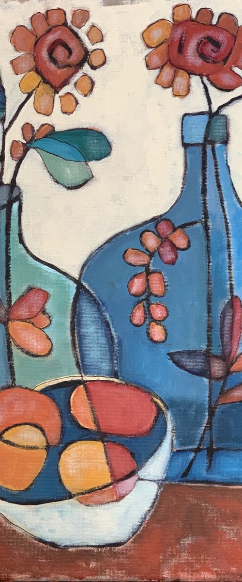 “Bottle Collection With Fruit, Too” by Holly Wojahn
