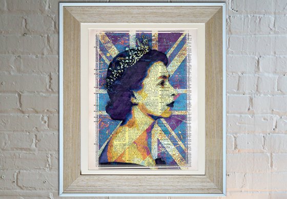 Queen Elizabeth II - The Union Jack - Collage Art on Large Real English Dictionary Vintage Book Page