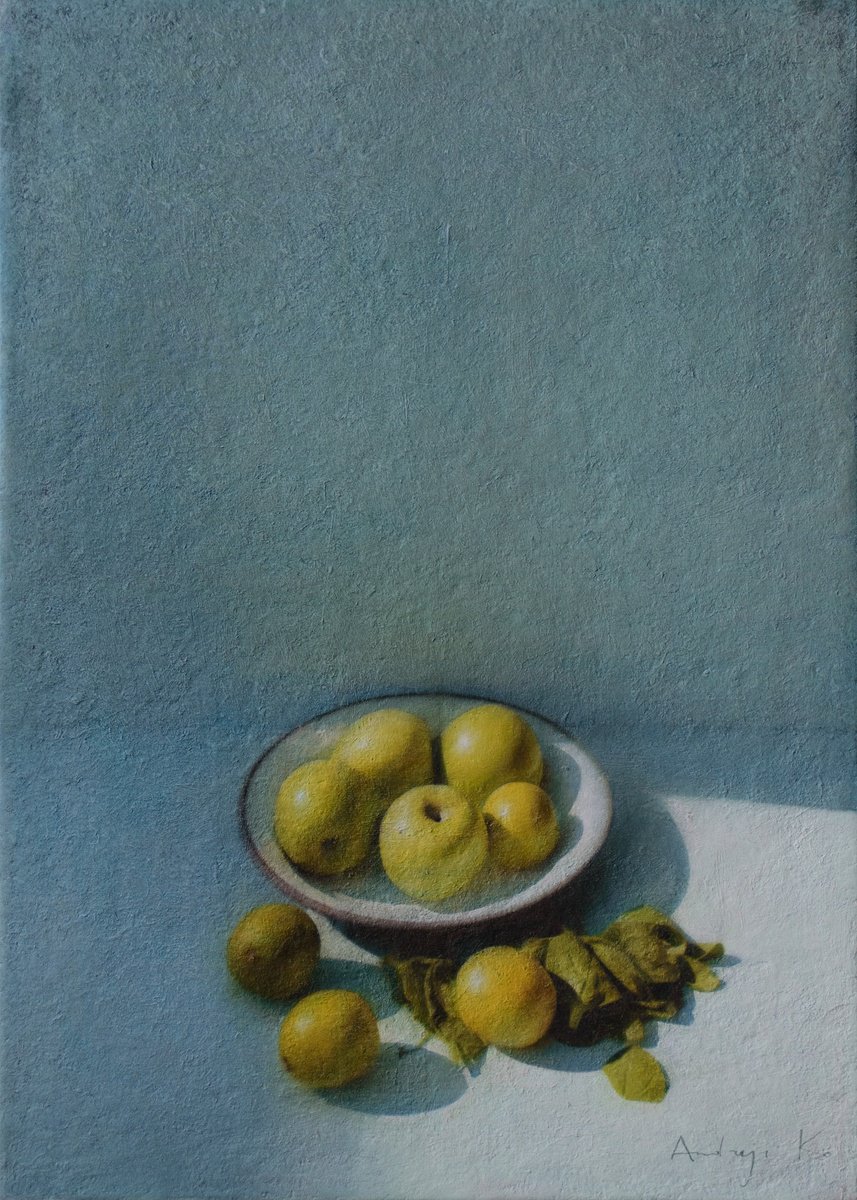 Photorealistic Still Life Acrylic Painting By Andrejs Ko, 20 X 28, Shades Of Green In The Evening, Original Artwork