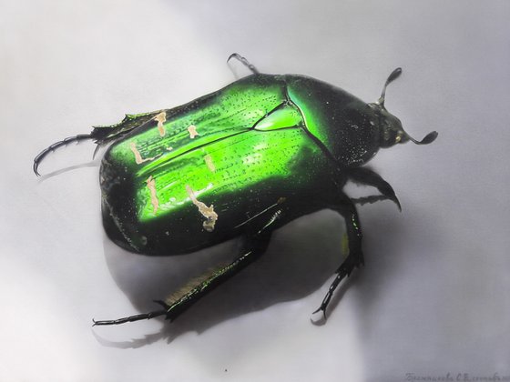 Green beetle art, insect painting, green glowing beetle, hyperrealism, realistic painting