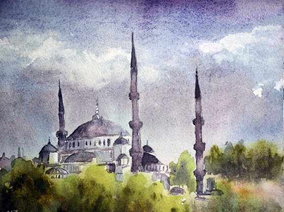 A Mosque in Istanbul, Watercolor on Paper, 21 x 29 cm