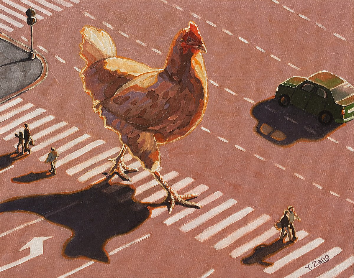 Surrealistic Oil Painting , Crossing Road Chicken By Yue Zeng, 14 X 11, Artwork For Sale On Artfinder