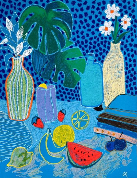 Blue Still Life with Fruits