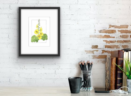 Flowers original watercolor - Yellow mallow illustration - Floral mixed media drawing - Gift idea