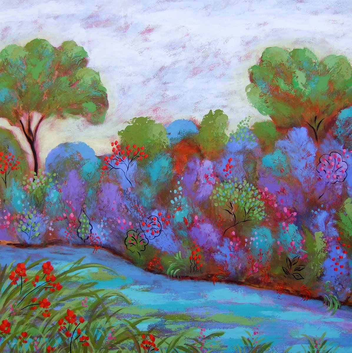 Impressionistic Landscape Acrylic Painting By Karen Rieger, 48 X 48", Lake