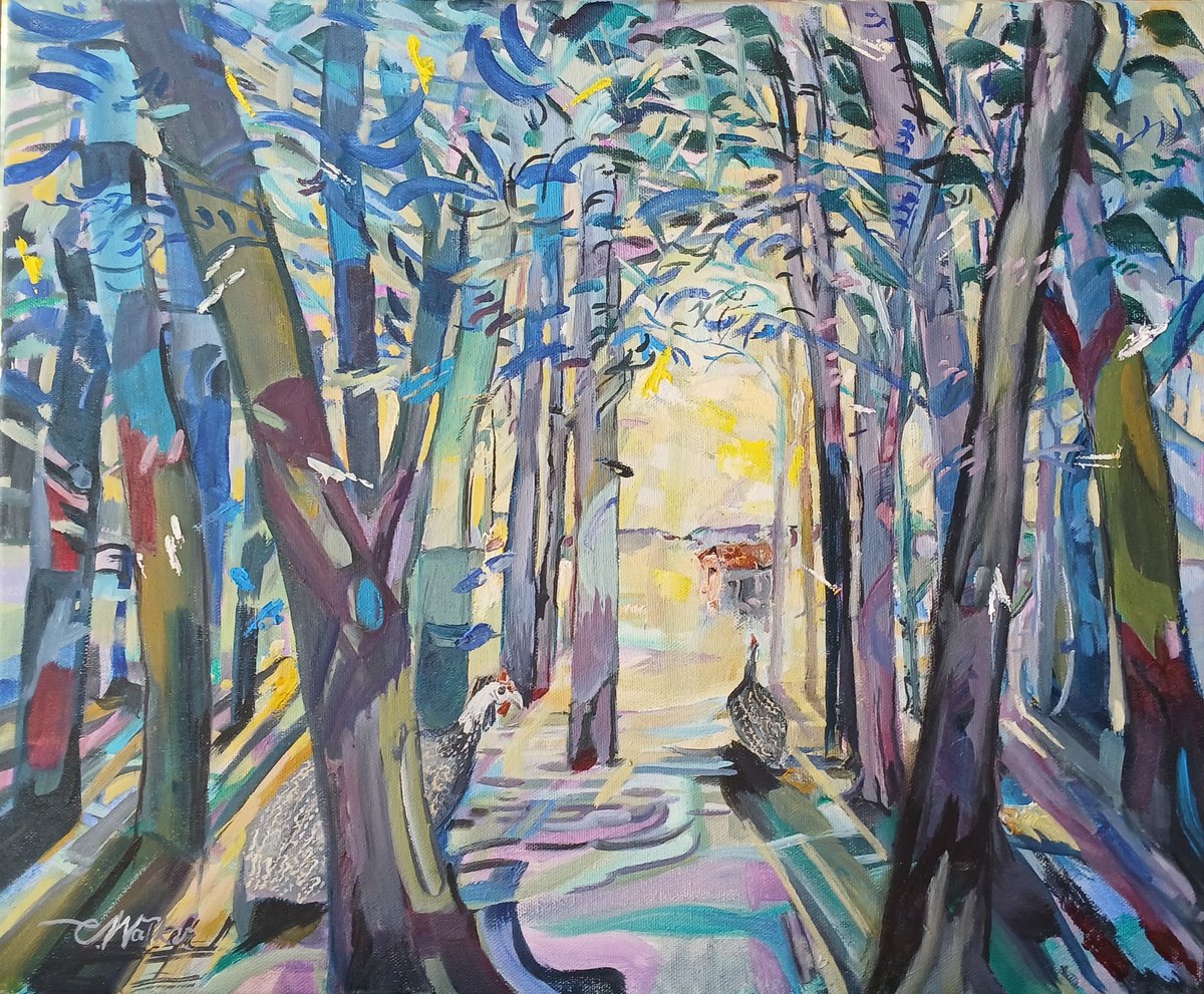 Impressionistic Landscape Oil Painting By Chris Walker, 18 X 15, Guineafowl In The Valley, Original Artwork