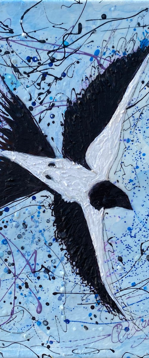 Abstract Bird Against the Sky Pollock Inspired + Palette Knife Painting on Canvas - 14 "X 14" X 0.5" by Lena Owens at OLena Art