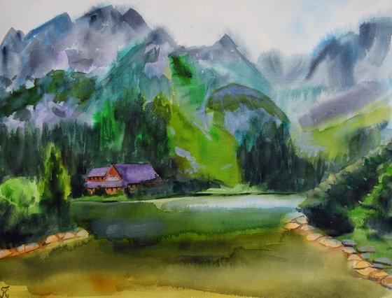 Mountains Painting, Misty Landscape Original Watercolor Painting
