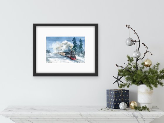 Winter train. Original watercolor artwork.