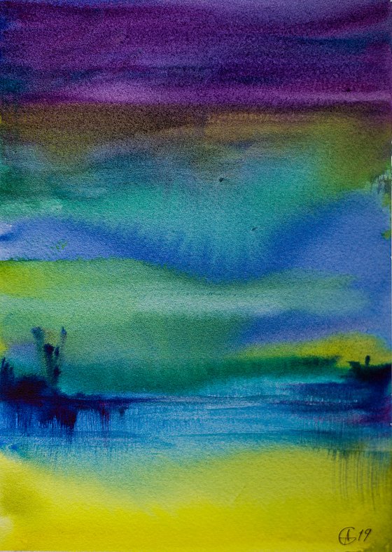 Northern light landscape. Watercolor. Small original painting. Decor bright colors interior nature landscape