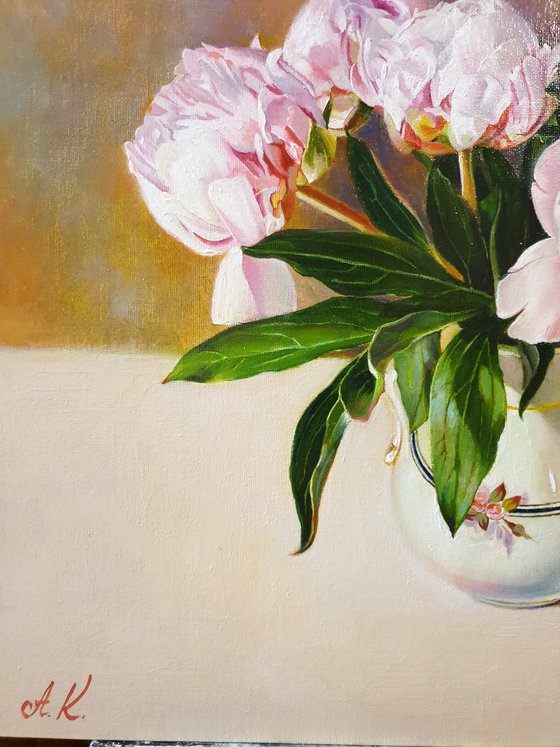 "Evening peonies." still life peony old vase summer  liGHt original painting  GIFT (2020)