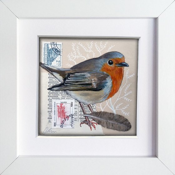 The Robin feather  (framed and ready to hang)