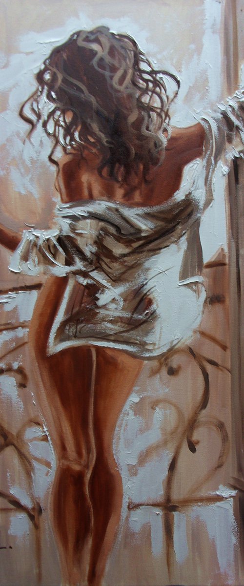 " SUNNY ... "- liGHt NUDE window ORIGINAL OIL PAINTING, GIFT, PALETTE KNIFE nude WINDOW (2021) Edit by Monika Luniak