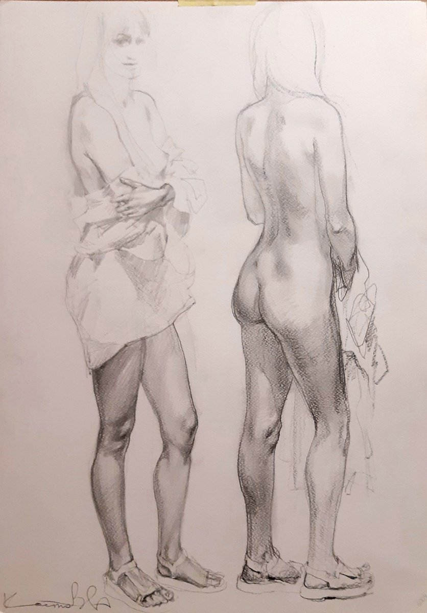 Expressive Portrait Pencil Drawing By Sergey Kostov, 17 X 24", Unawares, Original Artwork