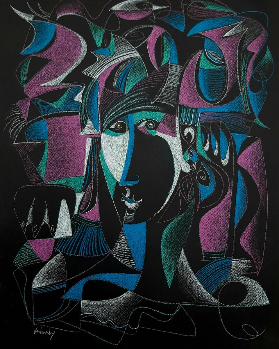 Surrealistic Portrait Pastel Drawing By Vadim Vaskovsky, 22 X 28", Face In The Moonlight, Original Artwork