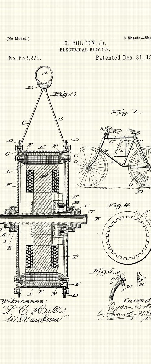 Electric Bicycle Patent - Circa 1895 by Marlene Watson