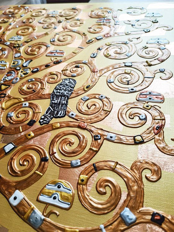 Tree of life Gustav Klimt. Relief golden bronze 3 pieces horizontal large painting