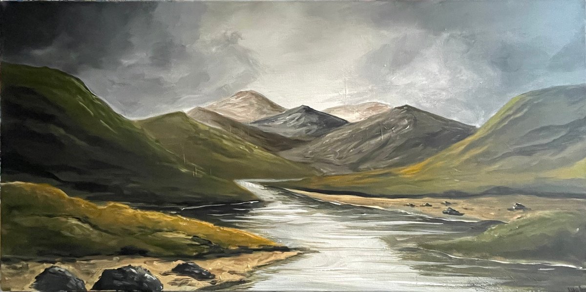 Impressionistic Landscape Acrylic Painting By Aisha Haider, 40 X 20, Moody Coastal Landscape, Original Artwork