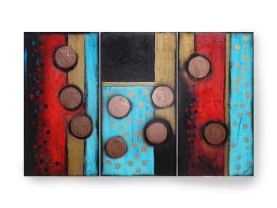 Textured Abstract triptych A1101 - large copper textured triptych, original acrylic paintings by artist Ksavera