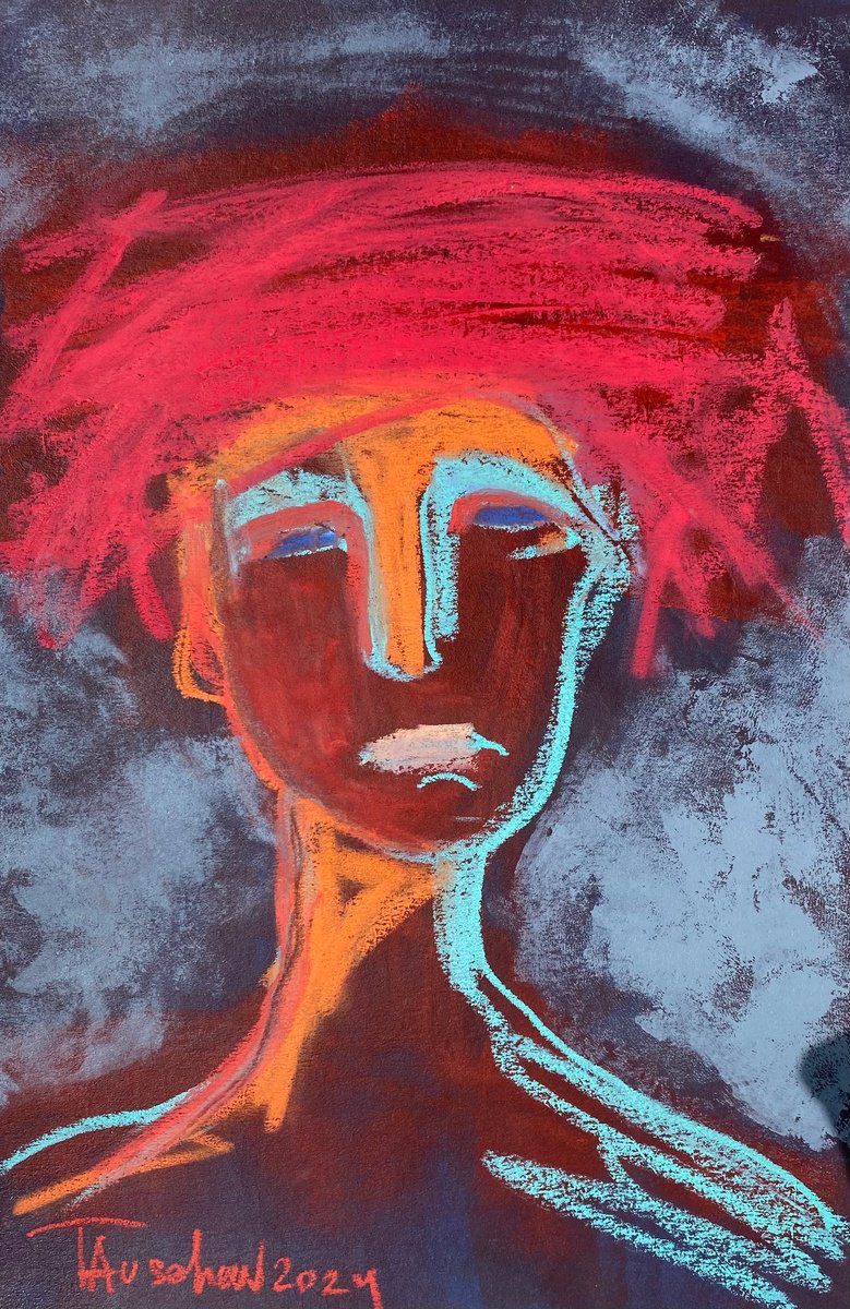 Expressive Portrait Pastel Drawing By Tatjana Auschew, 13 X 20", Portrait Of A Woman Xxvi., Original Artwork