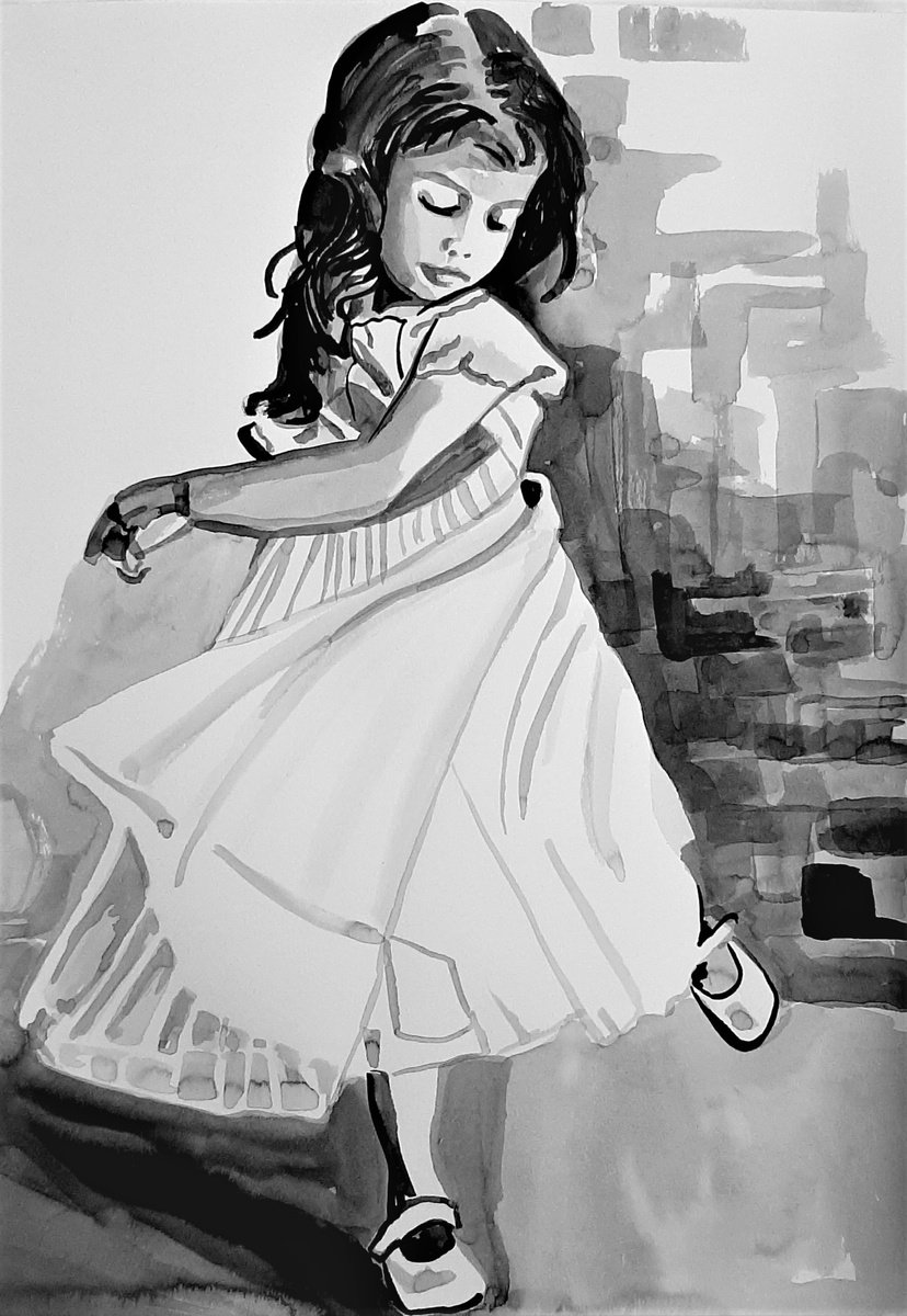 Urban And Pop Portrait Ink Drawing By Alexandra Djokic, 12 X 17, Little Ballerina, Original Artwork