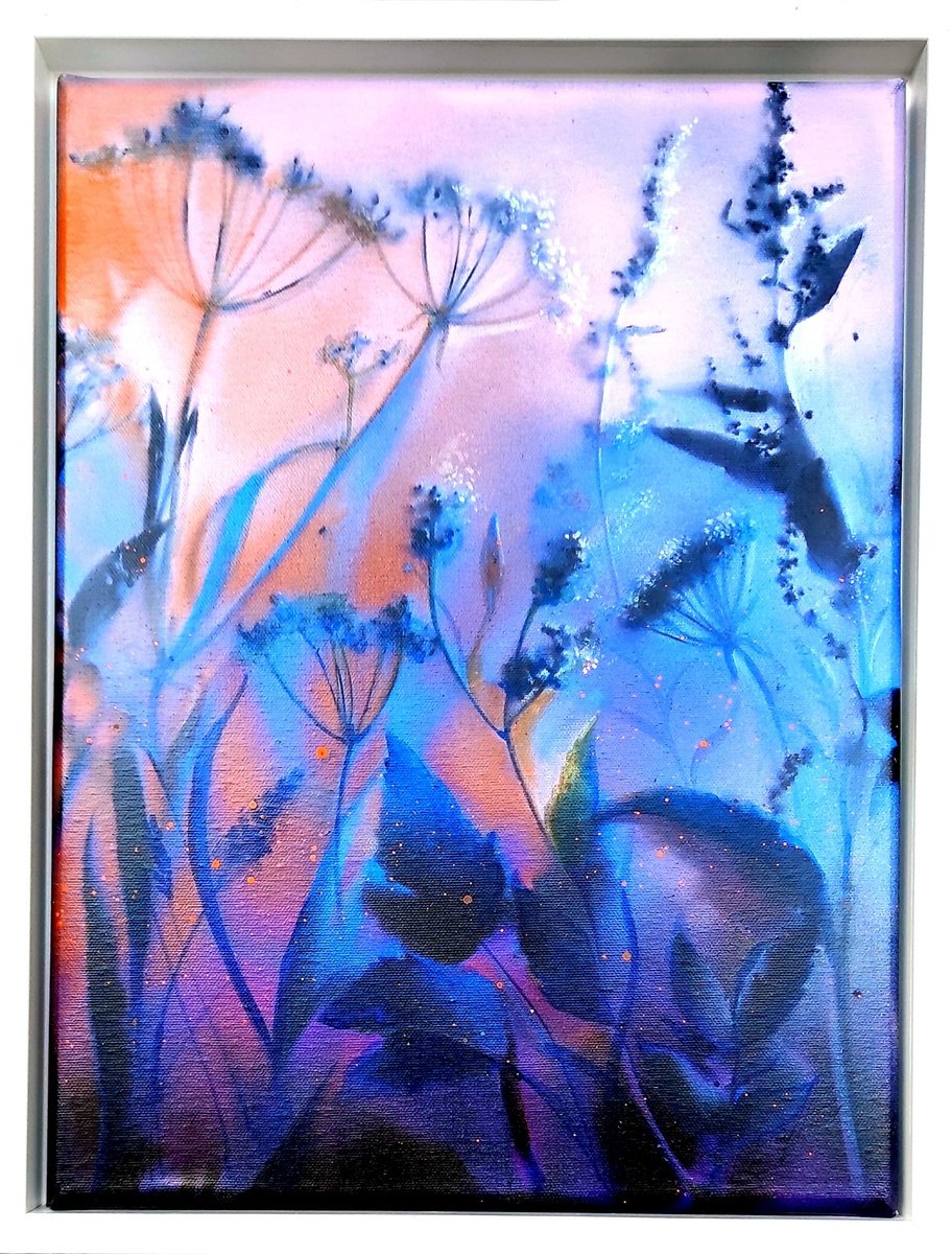 Expressive Botanical Painting By Elena Kraft, 13 X 17, Foggy Sunrise I, Original Artwork