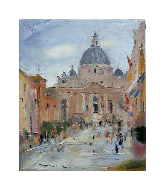 View of the Vatican. Rome , Cathedral of Saint Peter. Original plein air oil painting .