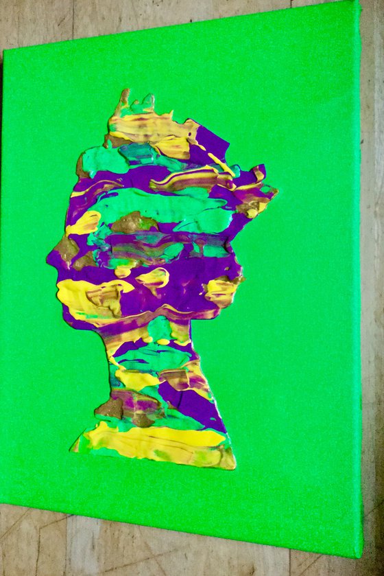 Bright Green yellow gold metallic purple pink Queen #31 Abstract   portrait  of Queen Elizabeth II on green  background