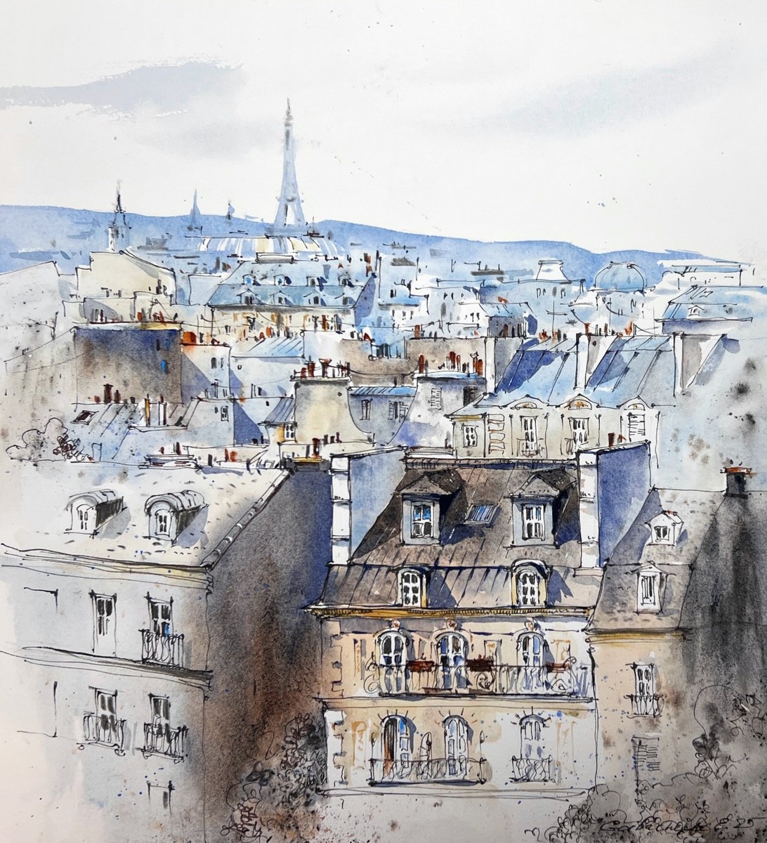 Impressionistic Cityscapes Watercolour By Eugenia Gorbacheva, 12 X 13, Blue Hour Of Paris, Original Artwork