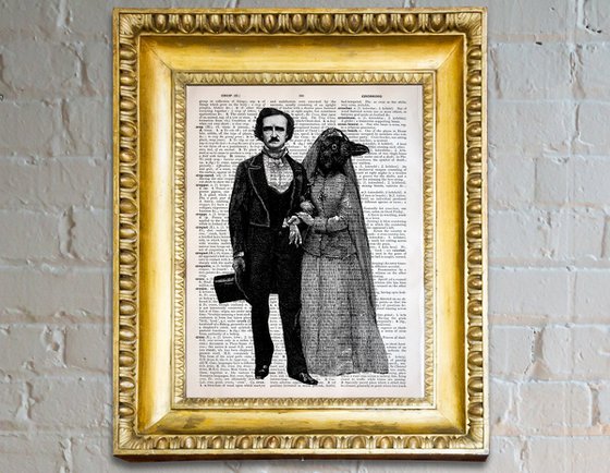 Edgar Allan Poe And Lady Raven - Collage Art Print on Large Real English Dictionary Vintage Book Page
