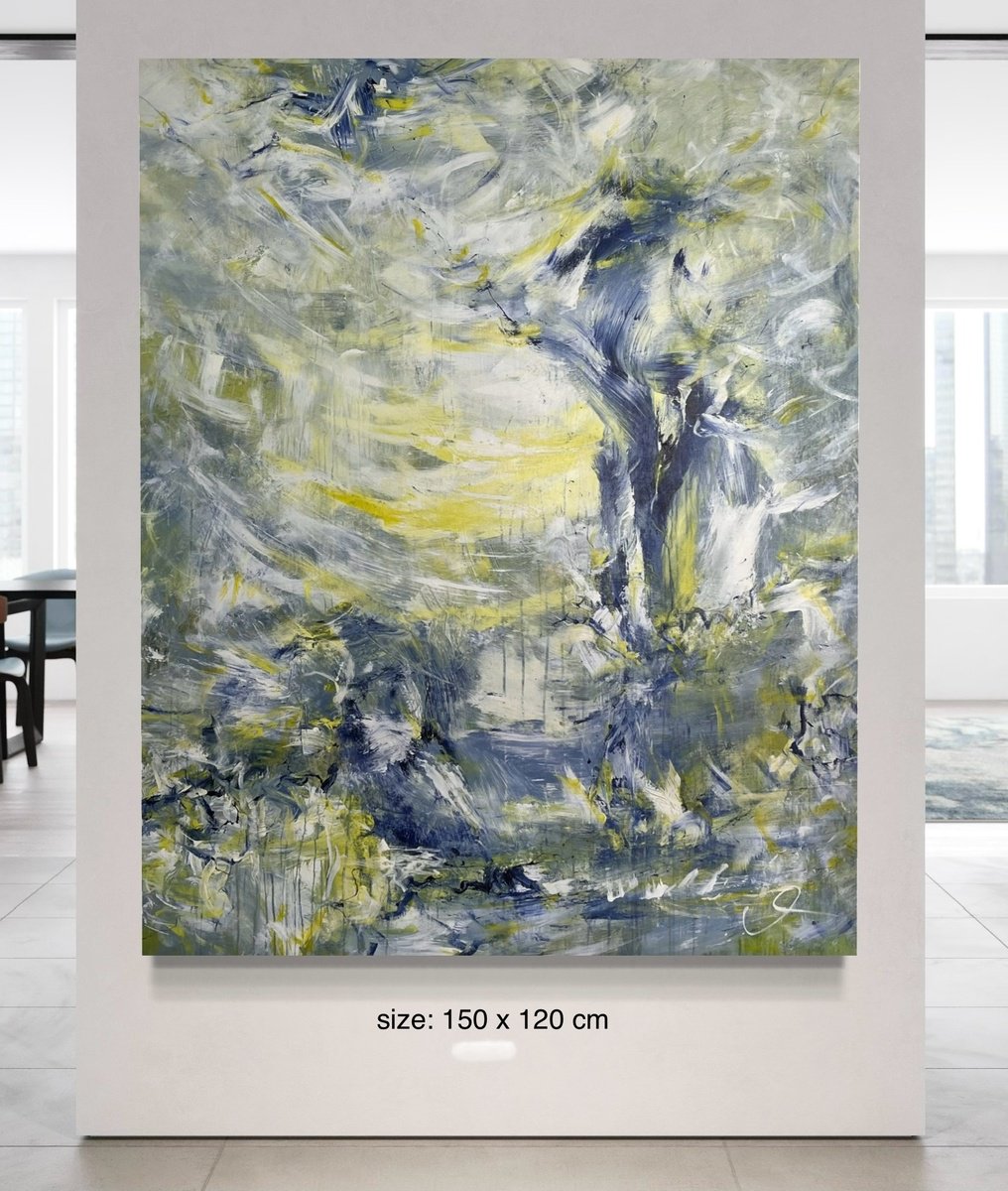 Impressionistic Landscape Acrylic Painting By Maria Bevilacqua-Fischer, 47 X 59", Ethereal Light Ii, Original Artwork