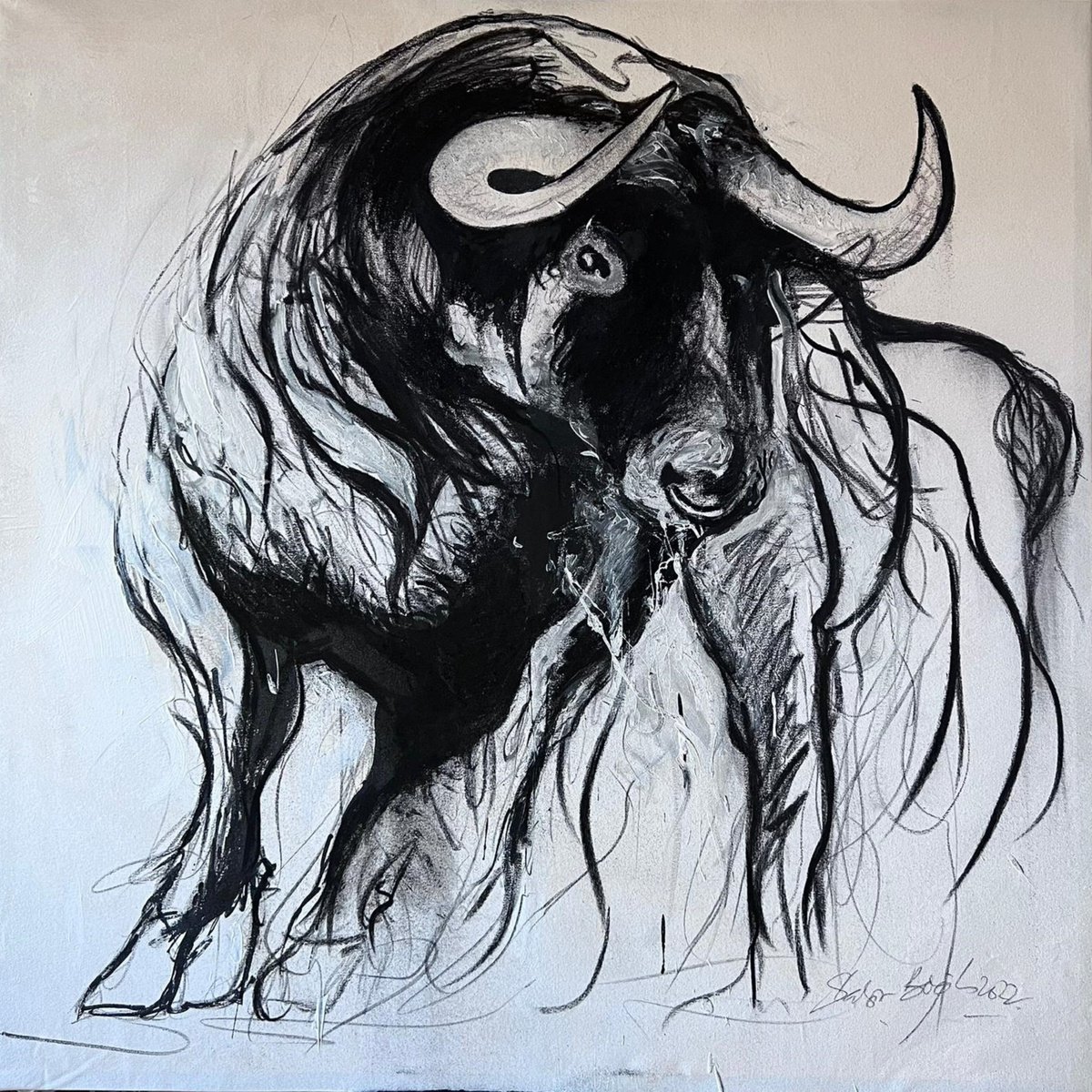 Expressive Animal Drawing By Shabs Beigh, 45 X 45", Majestic Bull, Original Artwork