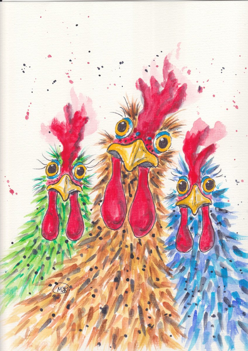 Impressionistic Animal Watercolour By Marjansart, 9 X 12", Hen Party, Chicken Girls, Original Artwork