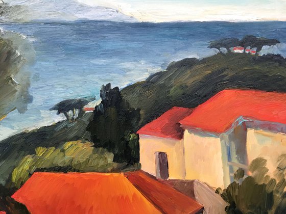 ITALY. THE SEA AND THE RED ROOFS - impressive landscape oil painting with green trees and Italian houses housewarming gift idea home decor