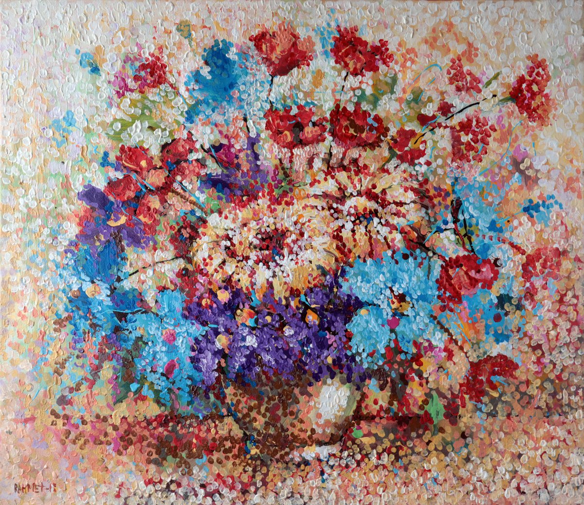 Impressionistic Botanical Acrylic Painting By Rakhmet Redzhepov, 28 X 24", Bouquet Of Flowers., Original Artwork